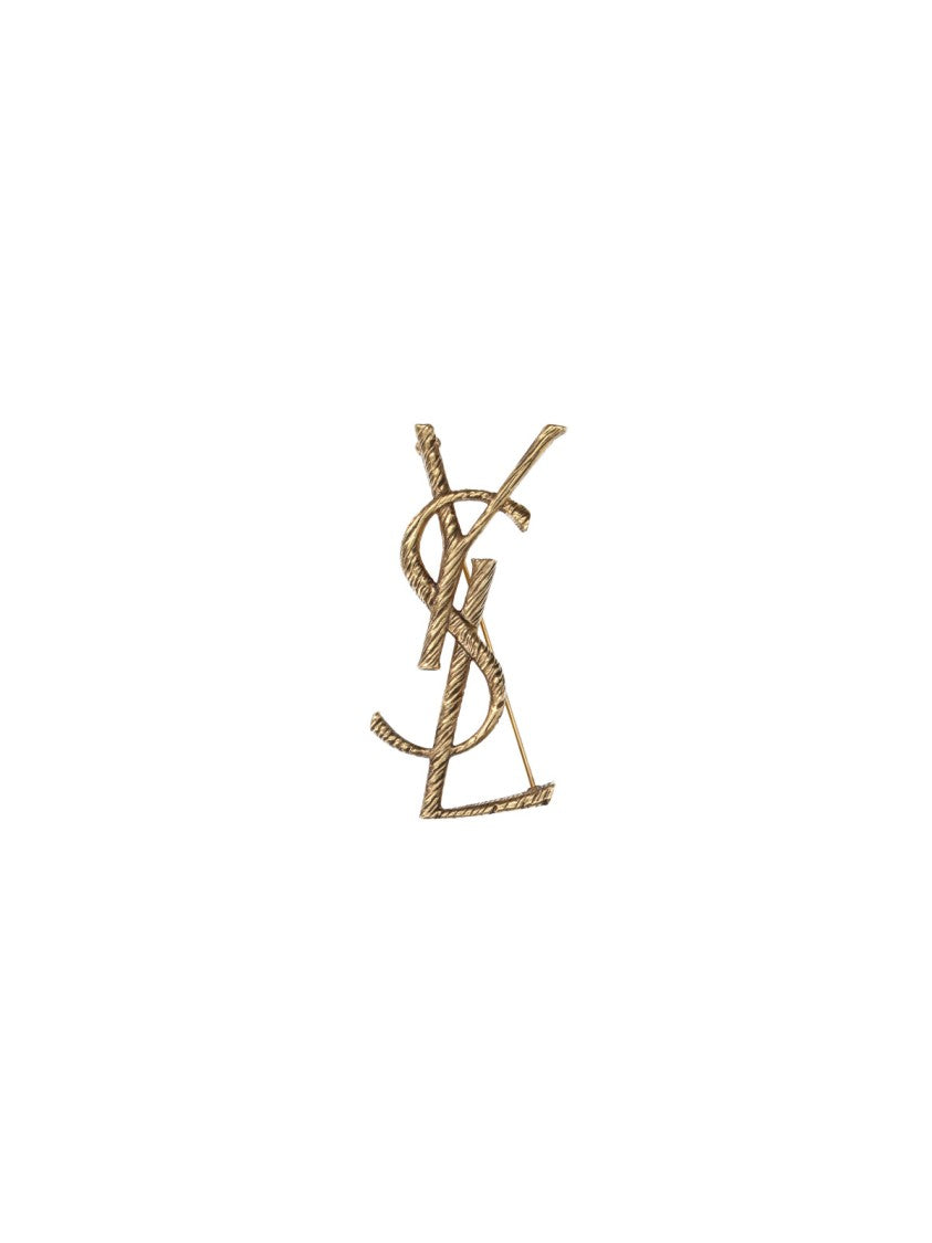 Saint Laurent Brushed Gold Monogram Brass Brooch