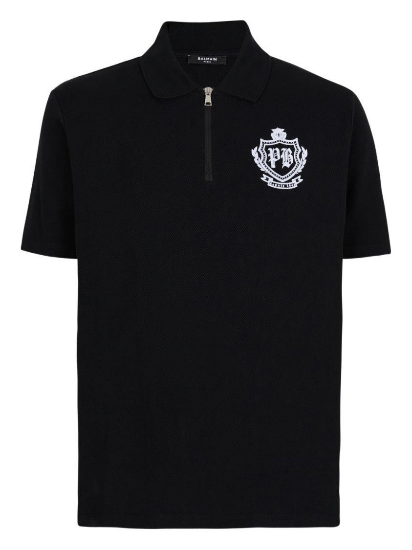 Balmain Black Half-Zip Cotton Embroidered Emblem Polo