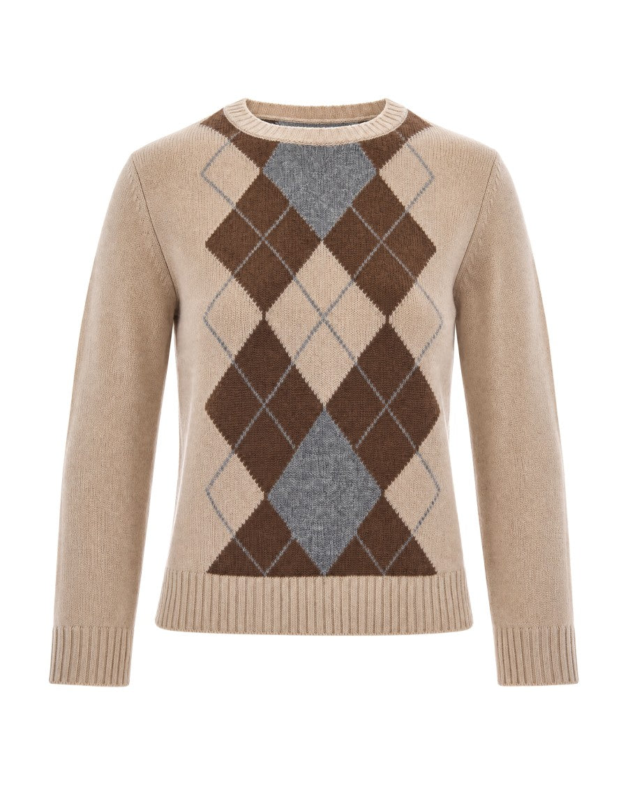 Max Mara Beige Argyle Pattern Wool-Cashmere Crewneck Sweater
