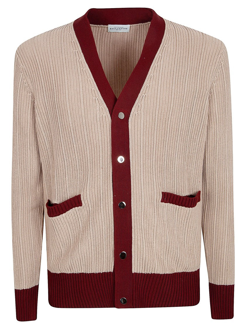 Ballantyne Ribbed Cardigan With Burgundy Accents And Button-Down Front