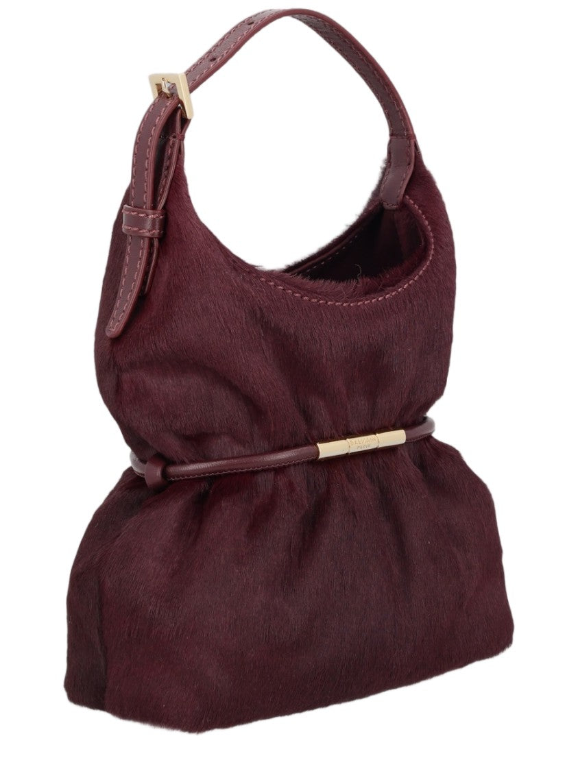 Balmain Burgundy Textured Handbag With Adjustable Strap And Gold-Tone Detail