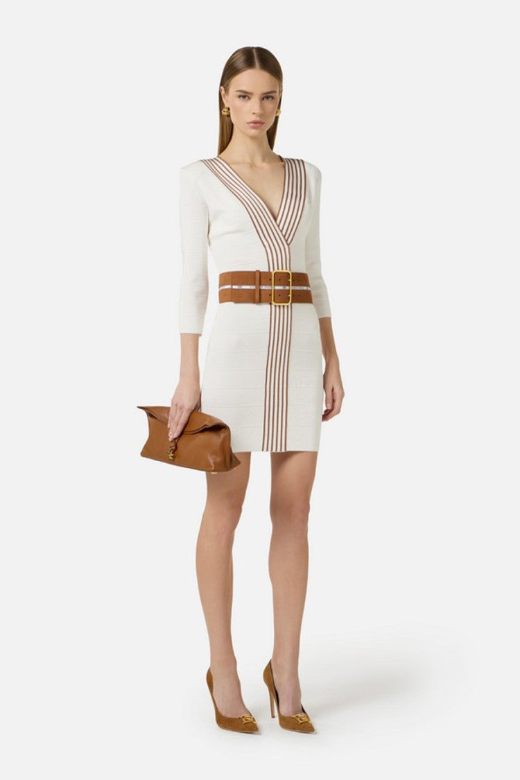 Elisabetta Franchi White Tan Striped Leather Belt Viscose-Blend Dress