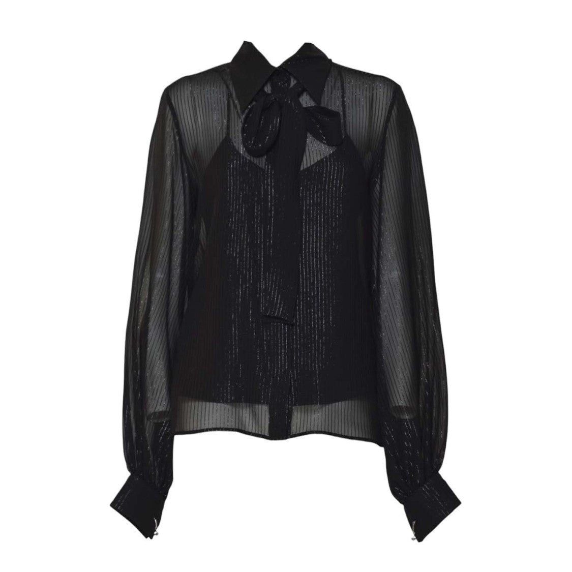 Max Mara Sheer Black Blouse With Tie-Neck And Voluminous Sleeves