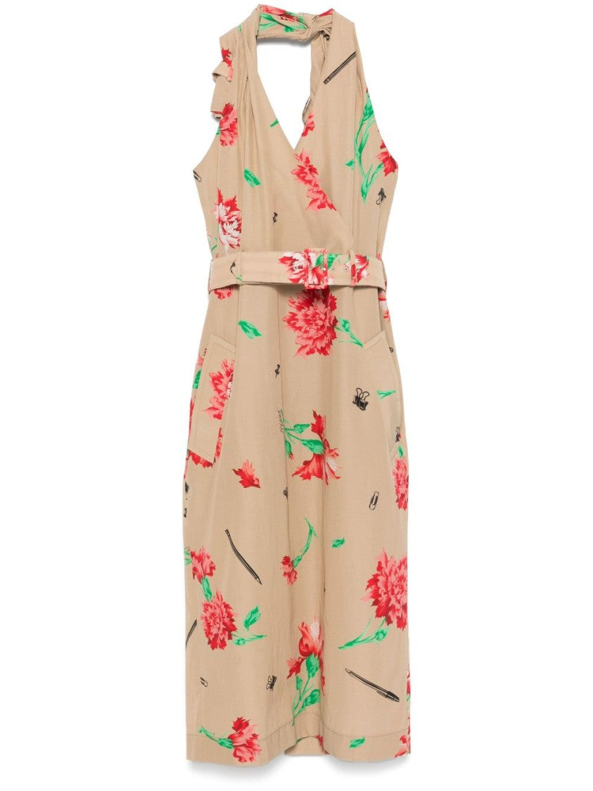 Moschino Beige Halterneck Belted Waist Midi Dress
