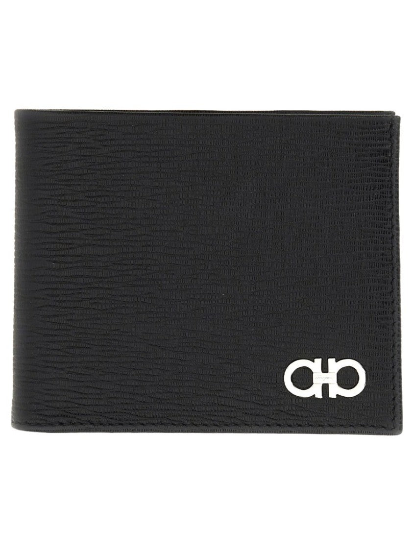 Ferragamo Gancini Bifold Textured Metallic Logo Leather Wallet