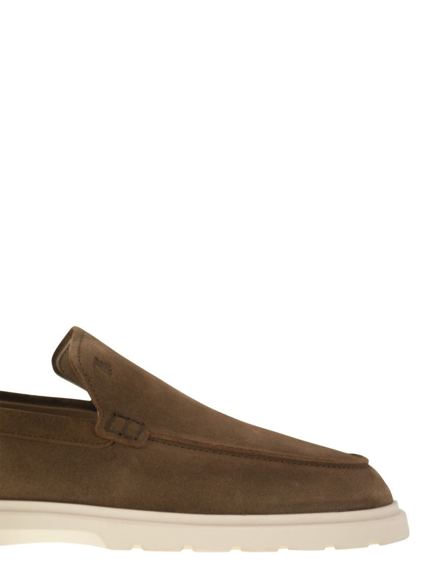 Tod's Brown Suede Moccasin Slipper With Embossed Monogram