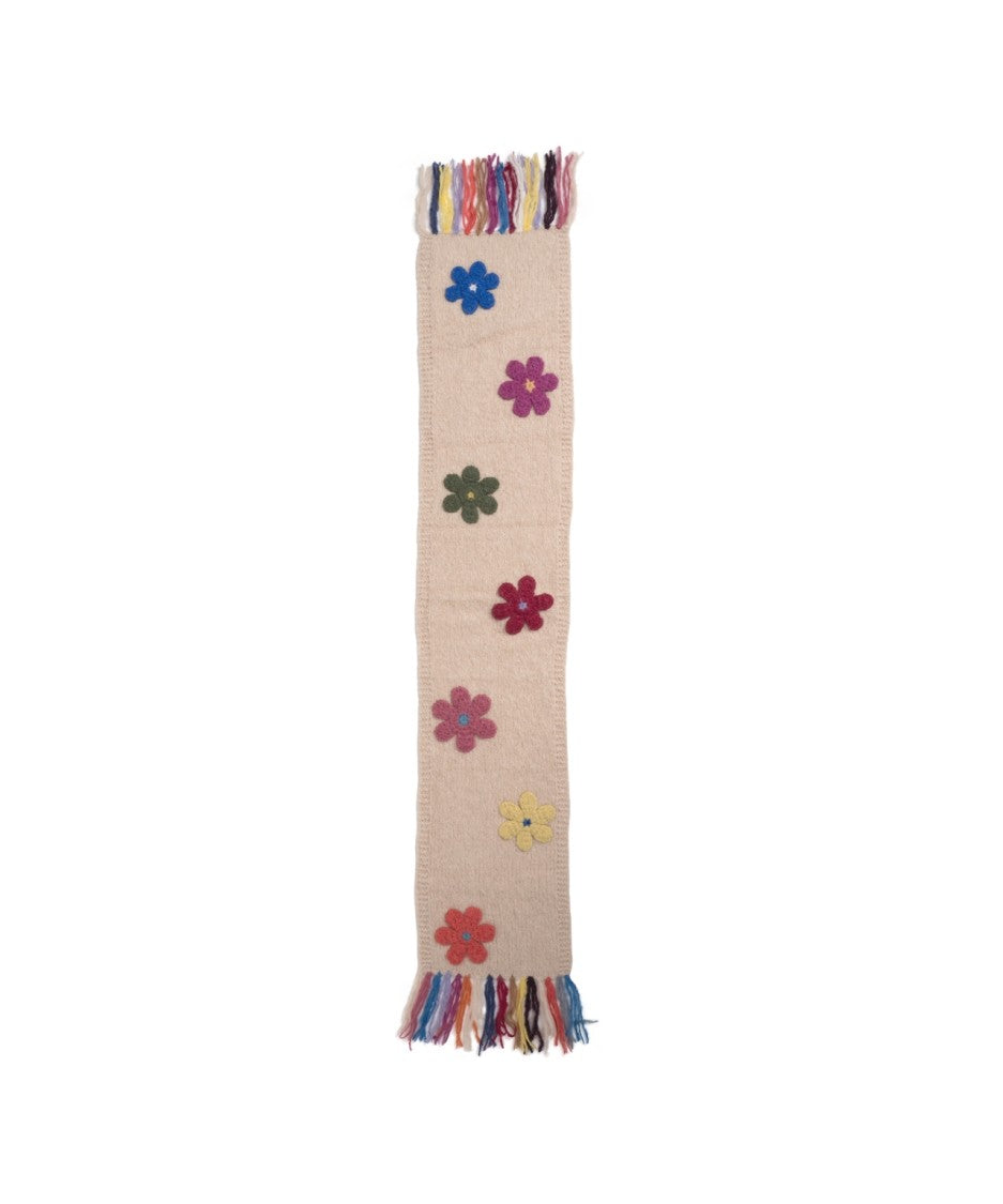 Frantic Beige Knitted Scarf With Floral Appliqués And Vibrant Fringes