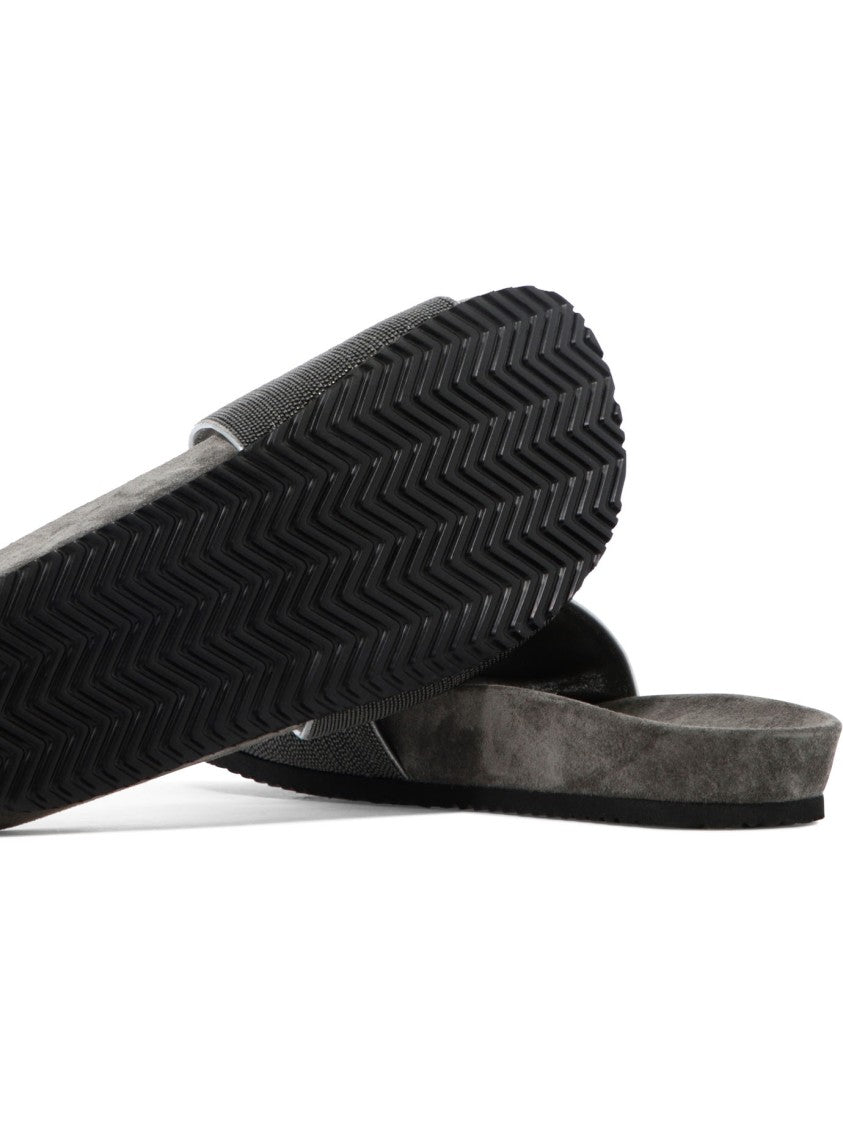 Brunello Cucinelli Textured Grey Leather Sandals