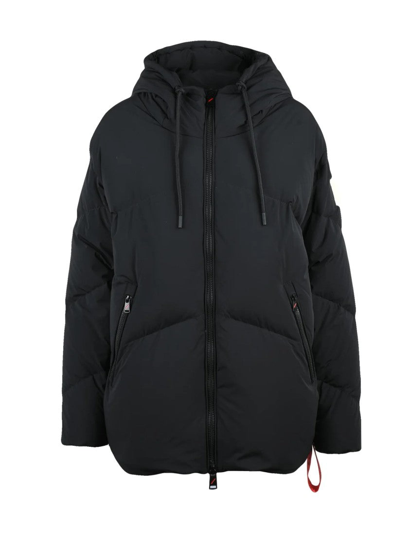 After Label Oversized Black Down Jacket With Adjustable Hood And Quilted Finish