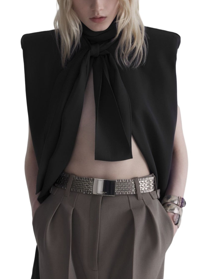Mugler Black Exaggerated Shoulder Bow Accent Top