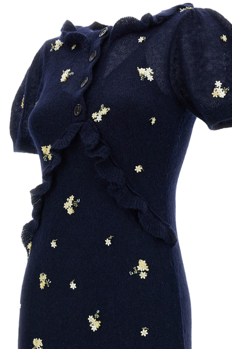 Shushu/Tong Floral Beaded Wool-Blend Lace Trim Pleated Midi Dress