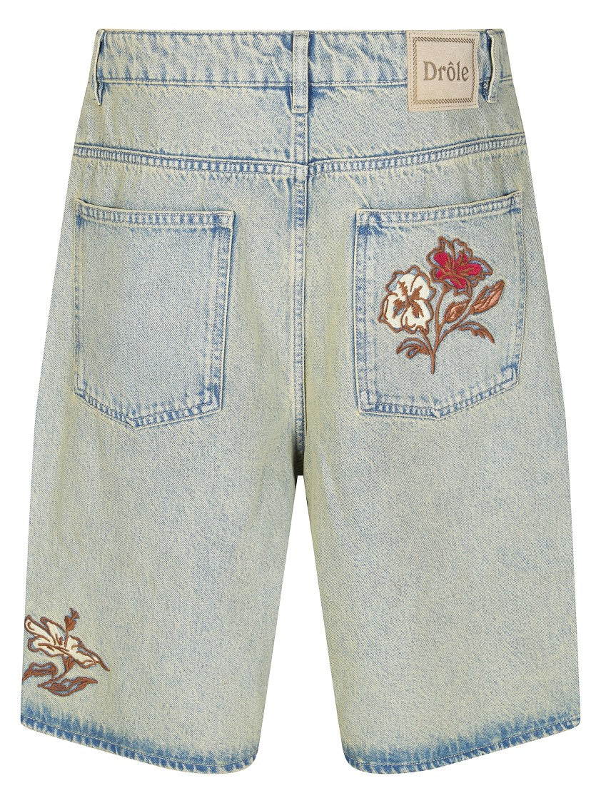 Drôle De Monsieur Light Wash Floral Embroidered Shorts