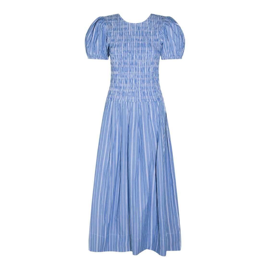 Ganni Blue Striped Cotton Maxi Dress With Smocked Bodice