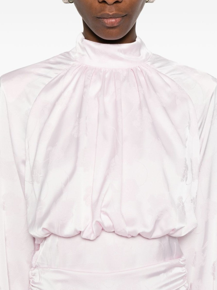 Rotate Floral Jacquard Long-Sleeve Top With Fitted Ruched Waist