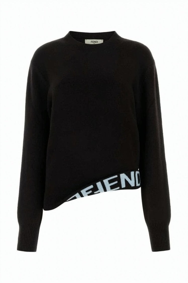 Fendi Cropped Black Sweater With Asymmetrical Hem And Contrasting Band