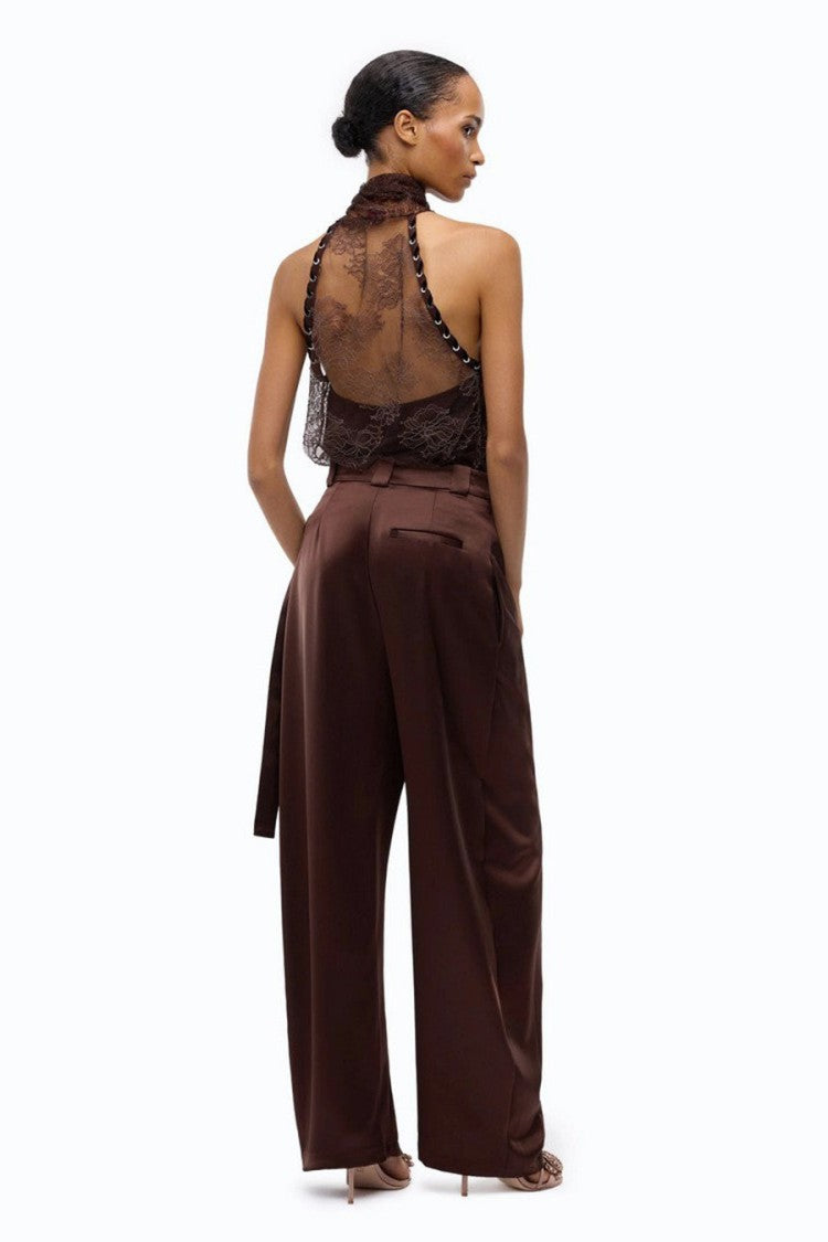 Pinko Brown Nylon Lace Cowl-Neck Top