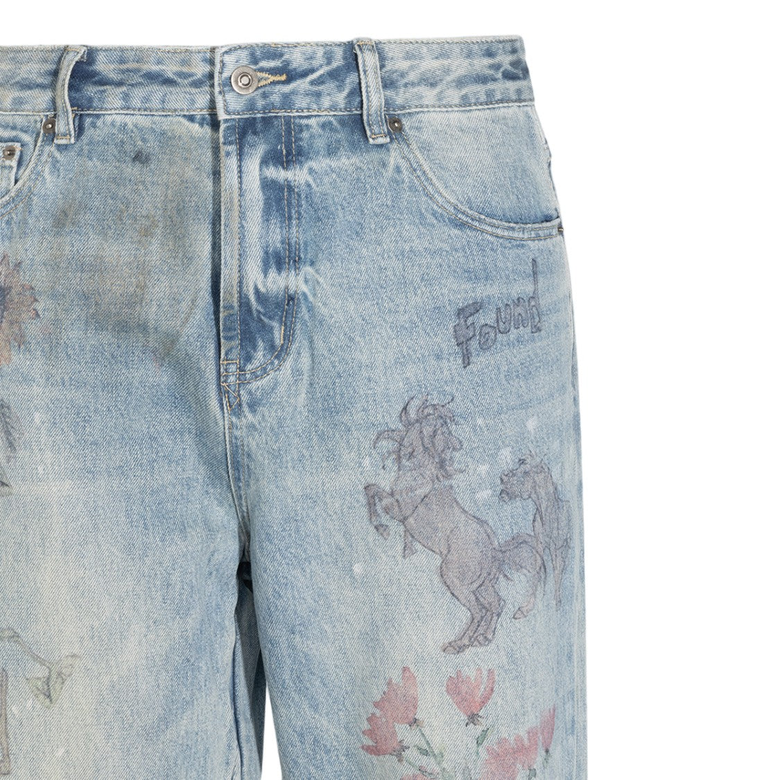 Found Light Blue Washed Denim Jeans With Artistic Prints