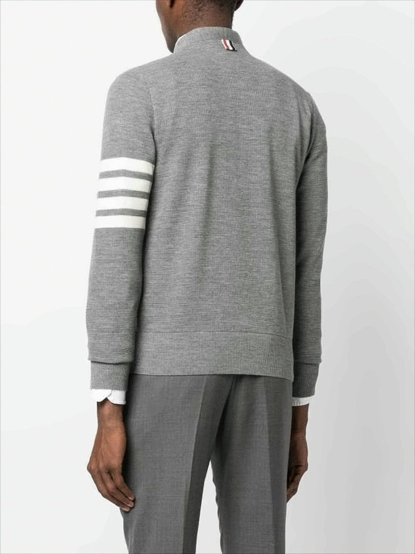 Thom Browne V-Neck Hand-Knitted Grey Wool Cardigan With Signature Stripes