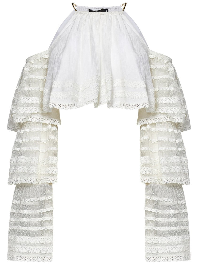 Amen Cropped Off-The-Shoulder Top With Flounced Lace Sleeves