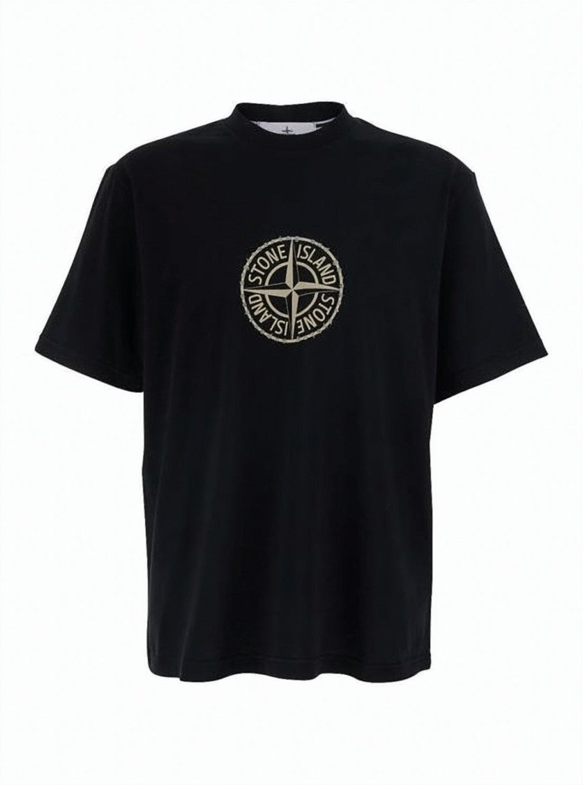 Stone Island Black Short-Sleeve T-Shirt With Circular Emblem And Relaxed Fit