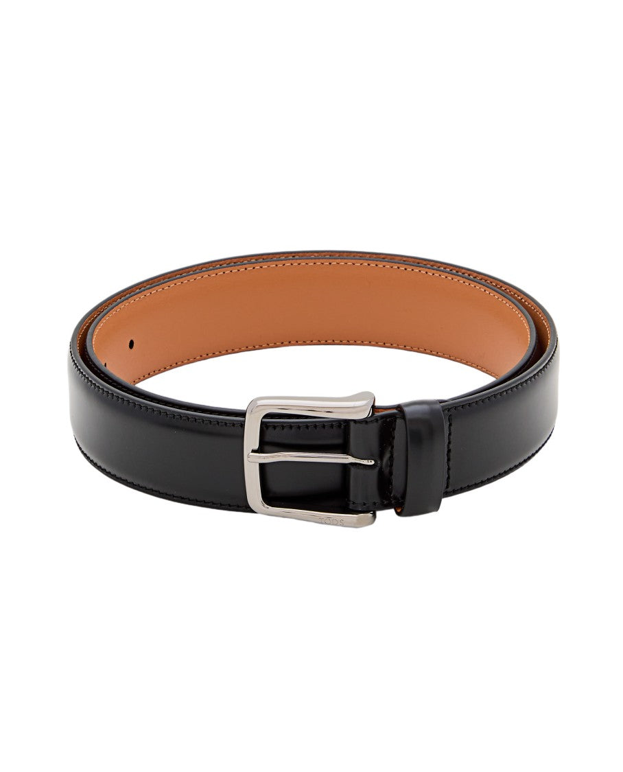 Tod's Polished Black Leather Belt With Nickel-Plated Buckle