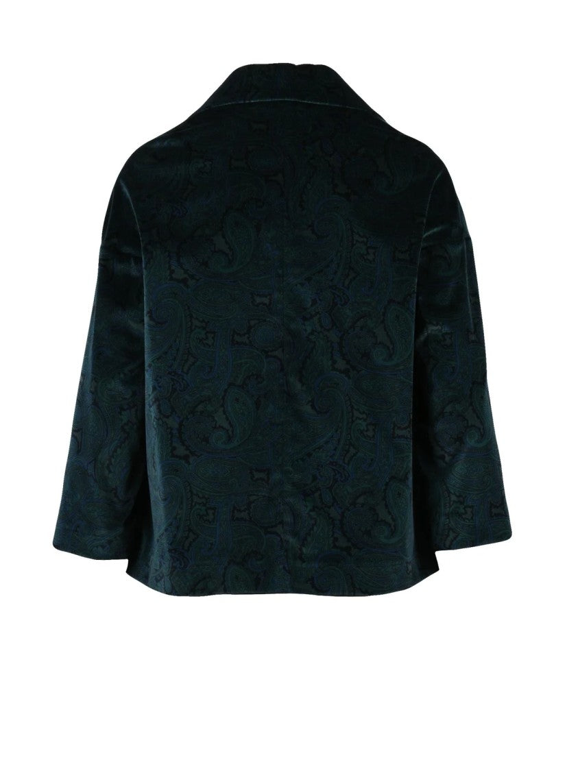 Circolo 1901 Bottle Green Velvet Jacket With Paisley Pattern And Cropped Silhouette