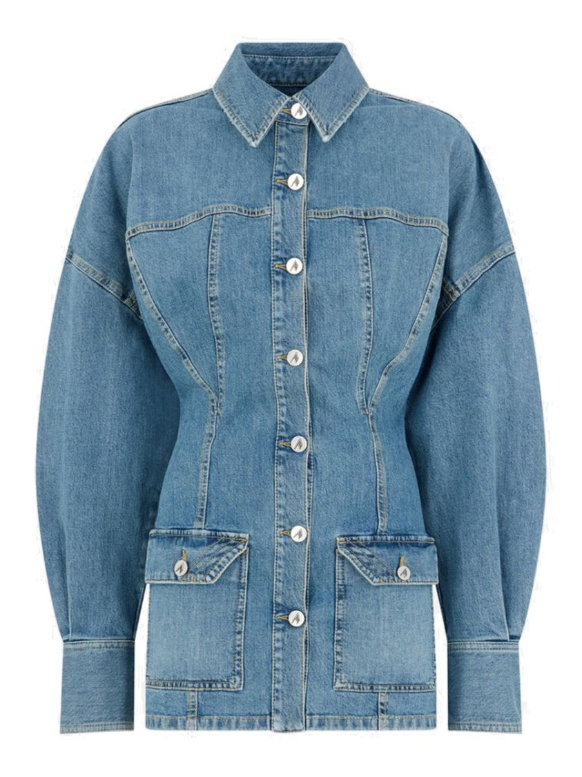 The Attico Neutrals Denim Long Puffed Sleeves Mini Dress