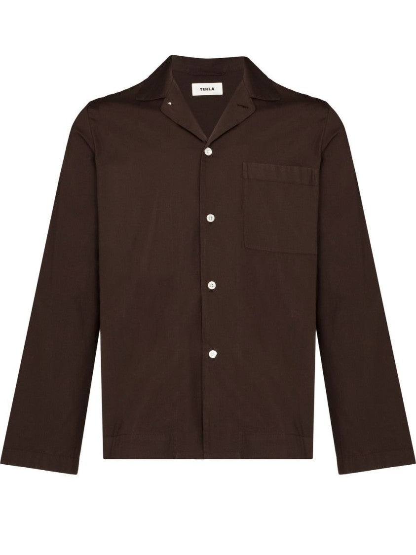 Tekla Brown Cotton Pajama Shirt With Classic Collar