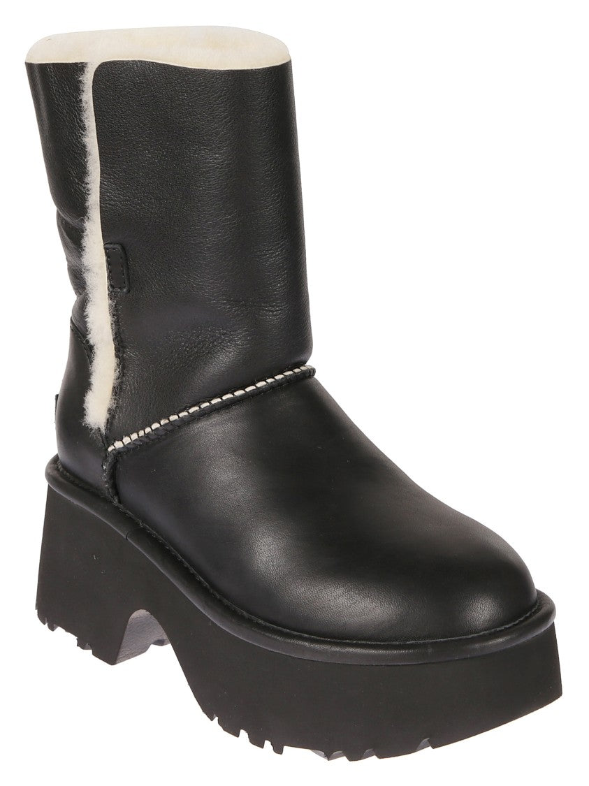 Ugg Fur-Trimmed Black Leather Platform Boots With Block Heel