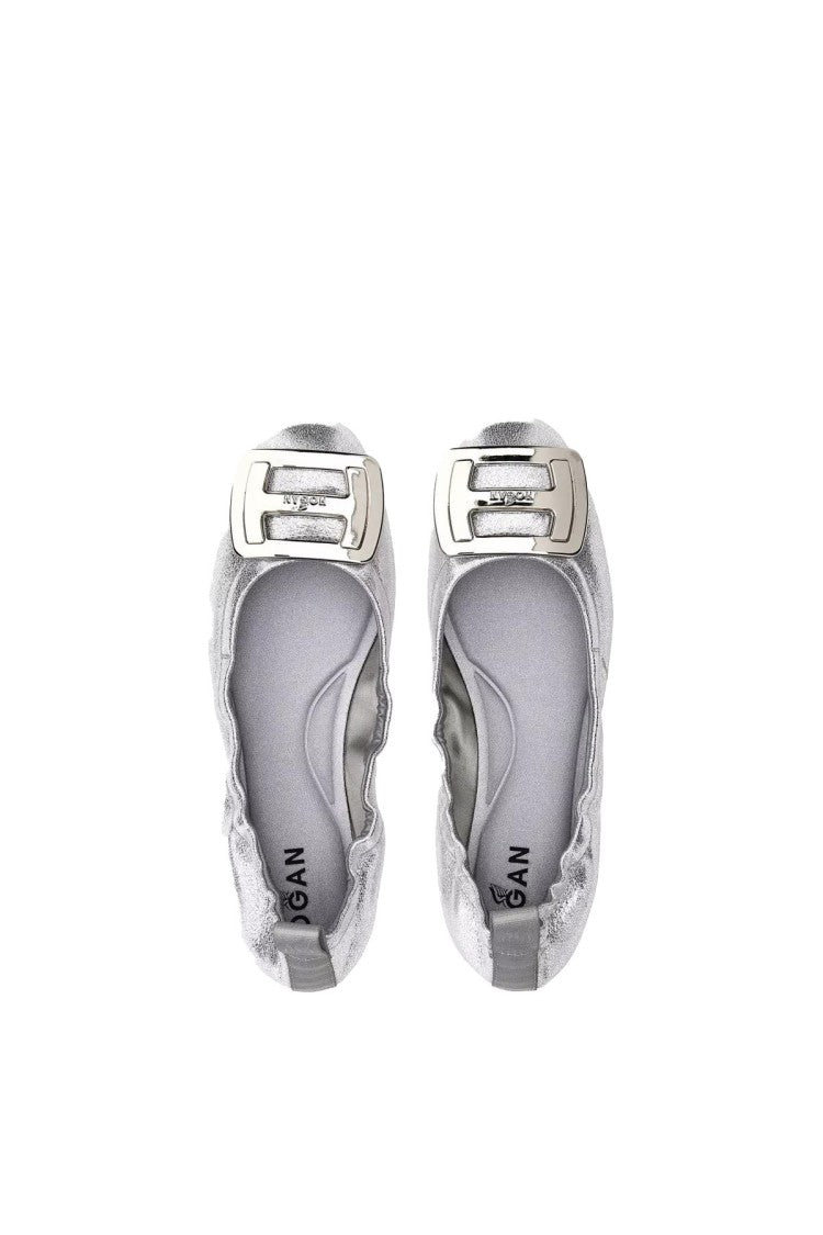 Hogan Silver Logo Buckle Elasticated Metallic Leather Ballet Flats