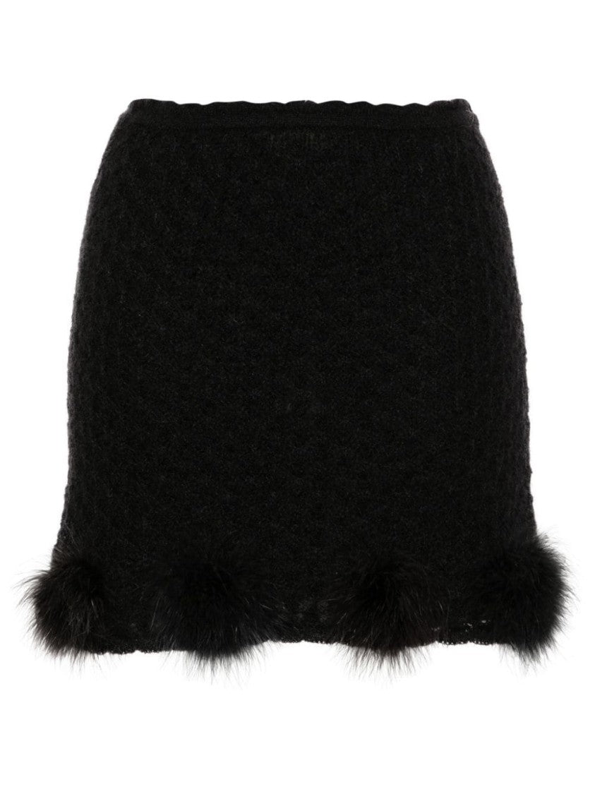 Blumarine Textured Knit Mini Skirt With Whimsical Fur Pom-Poms