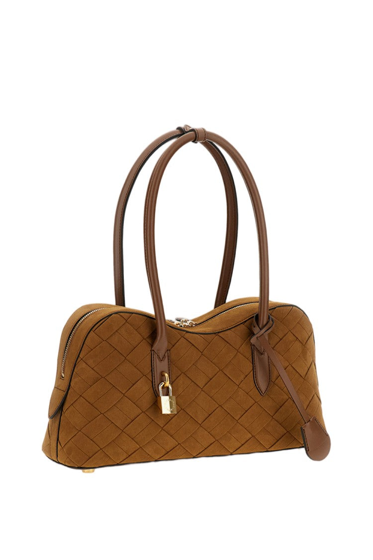 Stella Mccartney Woven Suede Shoulder Bag With Brass Padlock Detail