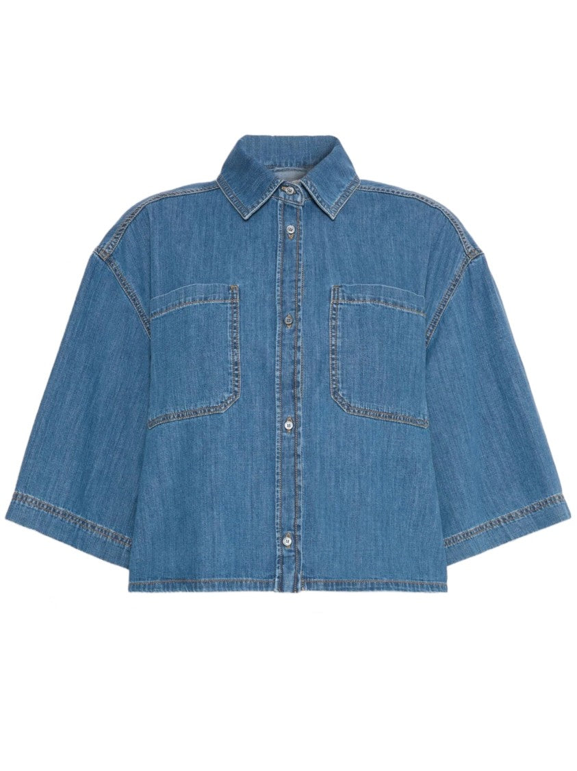 Weekend Cropped Denim Shirt With Boxy Silhouette And Elbow-Length Sleeves