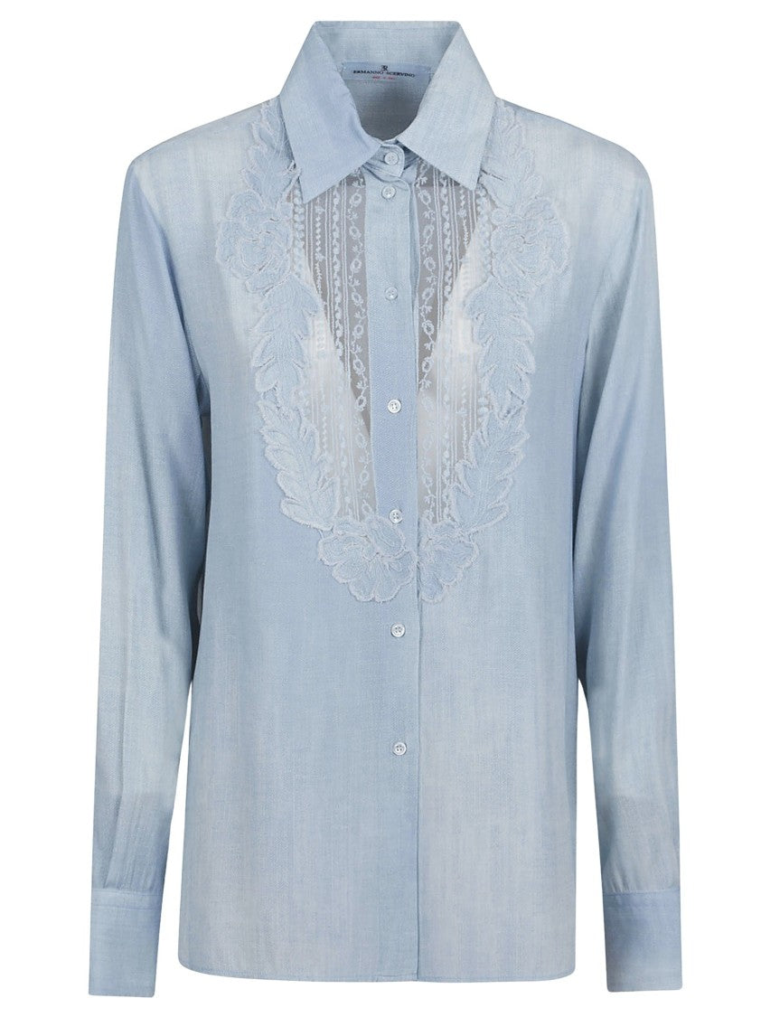 Ermanno Scervino Floral Embroidered Blue Viscose Shirt