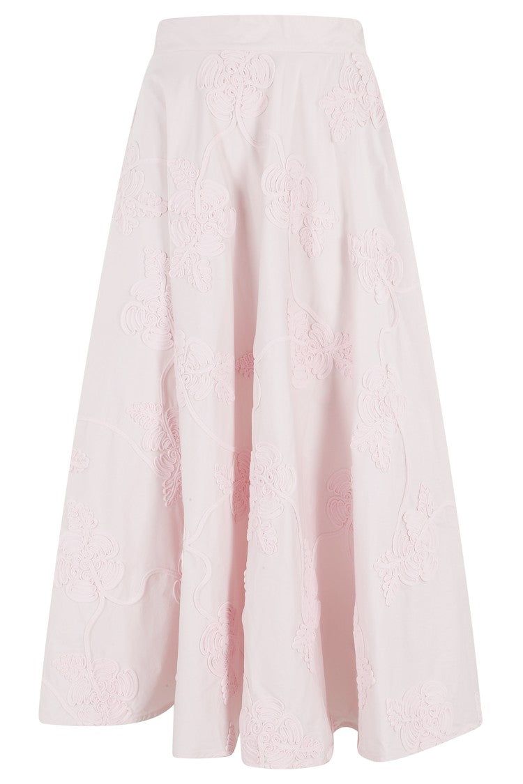 Rotate Pink Flower Embroidered Flared Cotton Maxi Skirt