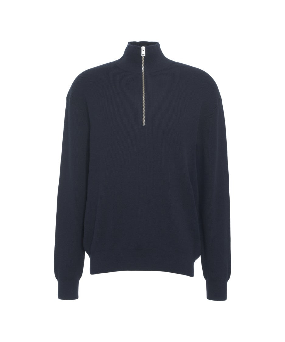 Closed Ribbed Knit Sweater With High Collar And Half-Zip Closure