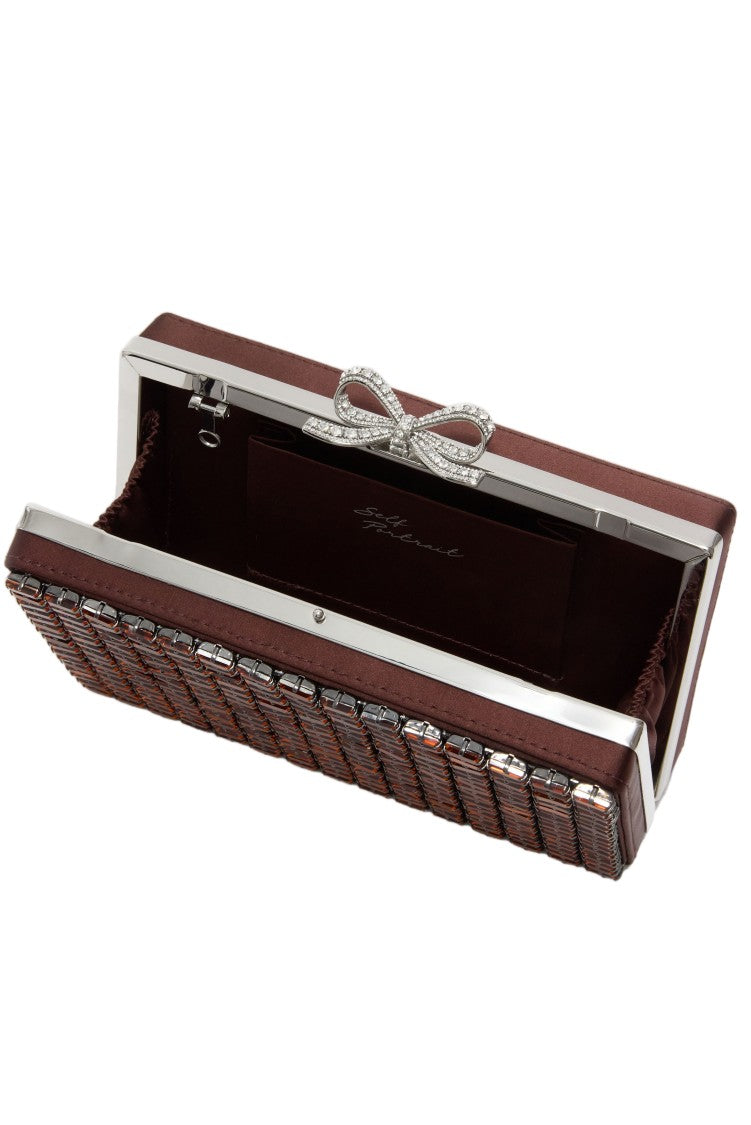 Self-Portrait Rectangular Woven Texture Clutch With Crystal Bow Clasp