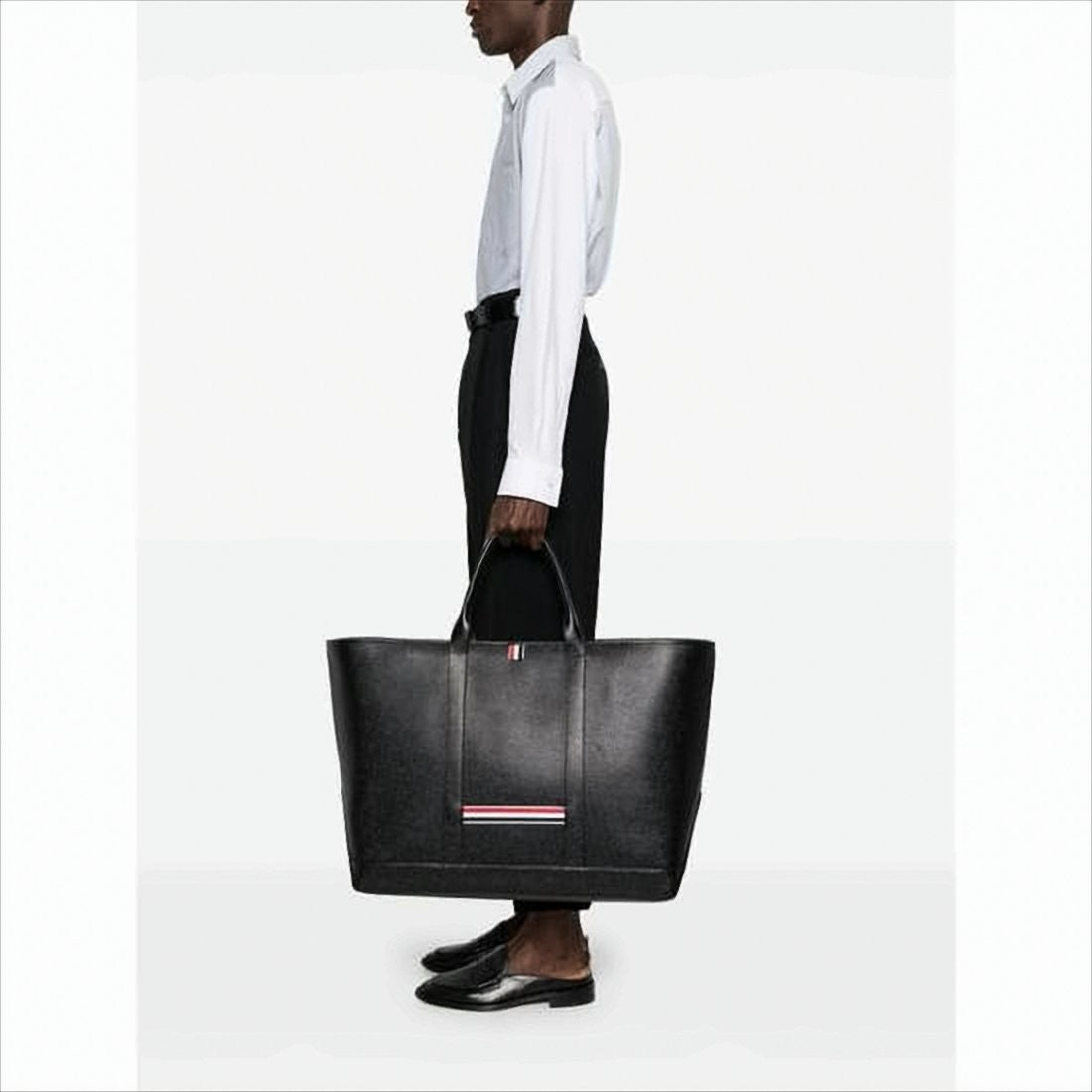 Thom Browne Structured Calf Leather Tote Bag With Striped Detailing