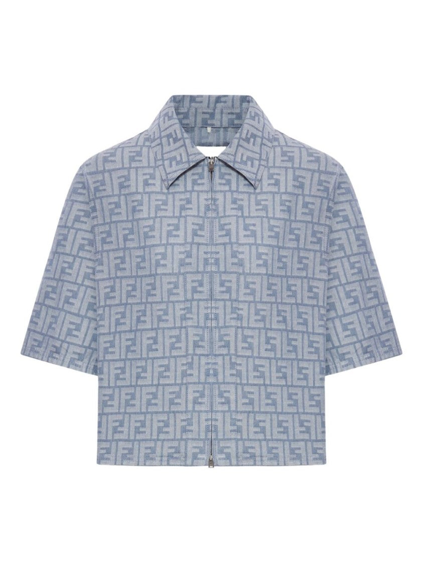 Fendi Cropped Blue Jacket With Structured Collar