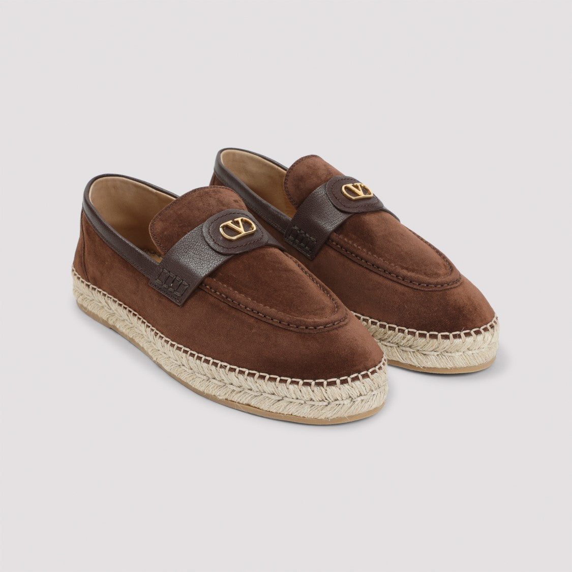 Valentino Garavani Brown Suede Espadrilles With Leather Strap And Gold Emblem