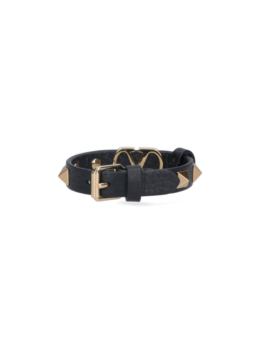 Valentino Garavani Black Leather Studded Bracelet With Adjustable Fit