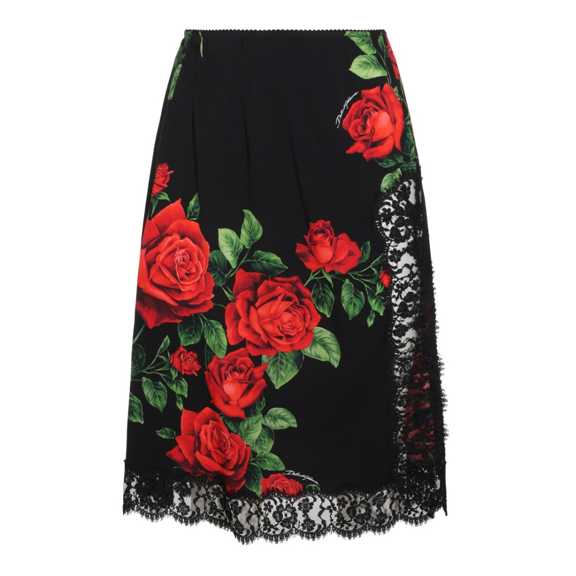 Dolce & Gabbana Floral Print Lace Trim Side Slit Midi Skirt