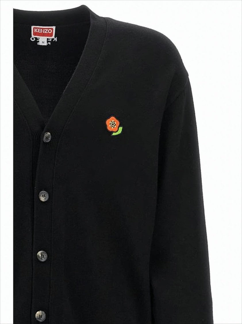 Kenzo Black Wool Cardigan With V-Neckline And Floral Patch