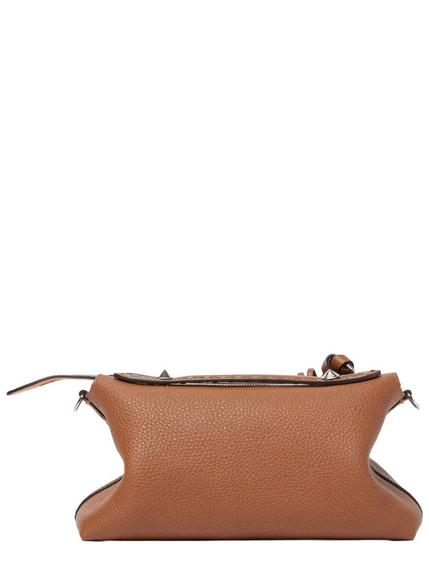 Fendi Structured Brown Leather Bag With Adjustable Strap And Silver Accents