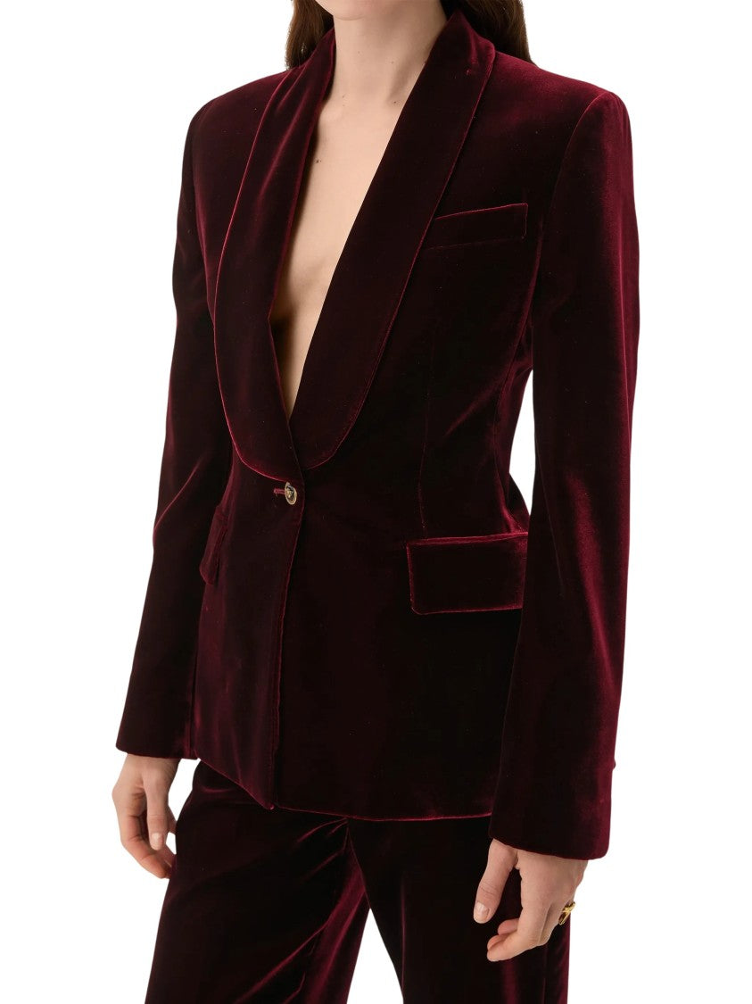 Versace Burgundy Velvet Blazer With Shawl Lapels And Medusa Buttons