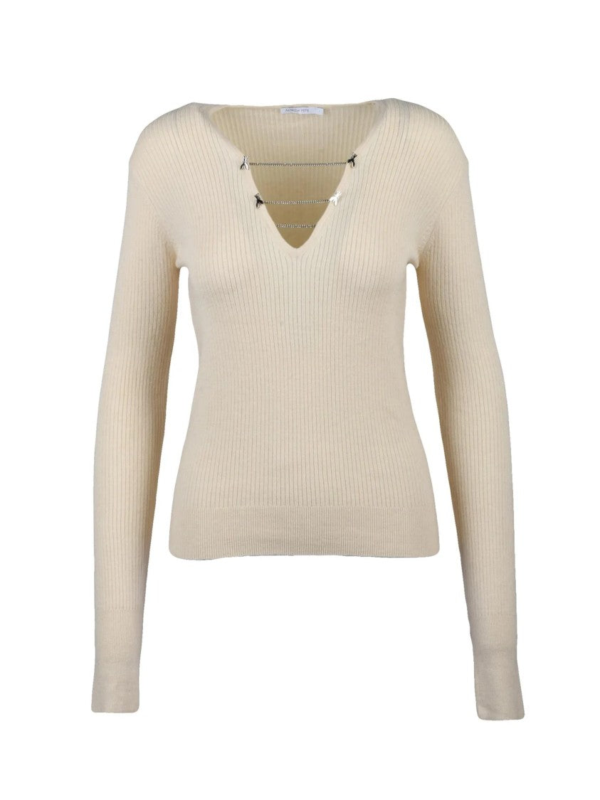 Patrizia Pepe Ribbed Knit Under-Jacket Sweater With Chain Accents