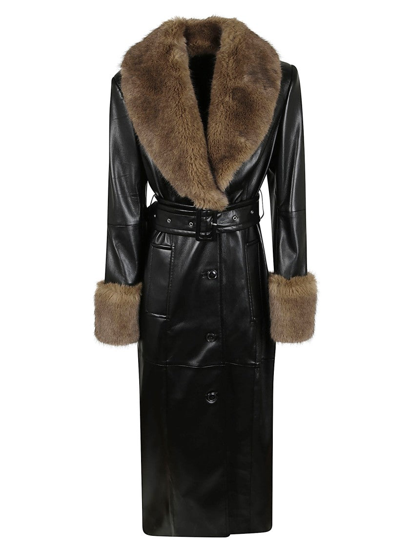 Stand Studio Black Leather-Like Coat With Plush Fur Collar And Belted Waist