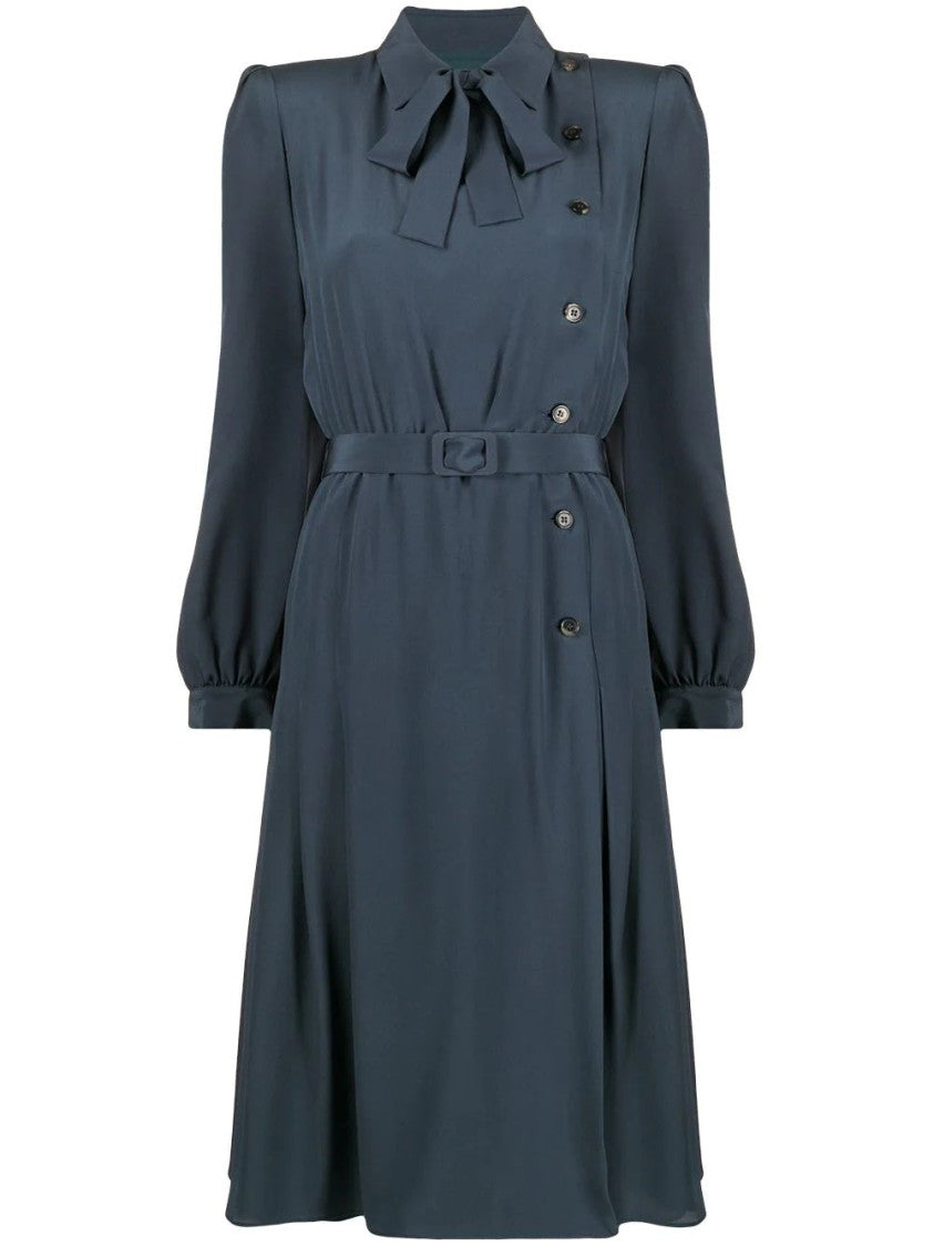 Maison Margiela Belted Midi Dress With Asymmetrical Button Closure And Unique Collar Design