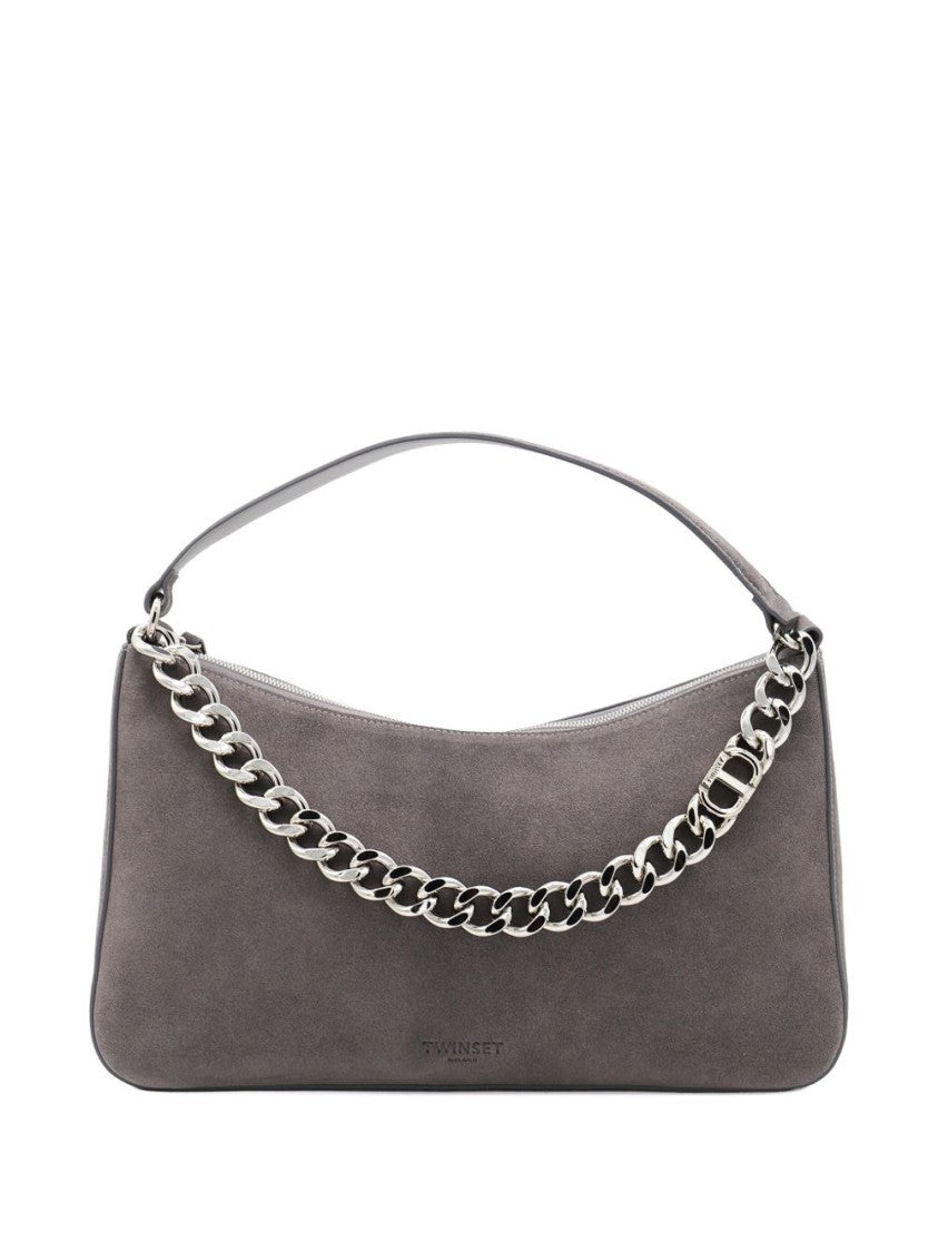 Twin-Set Textured Grey Bag With Metallic Chain Strap