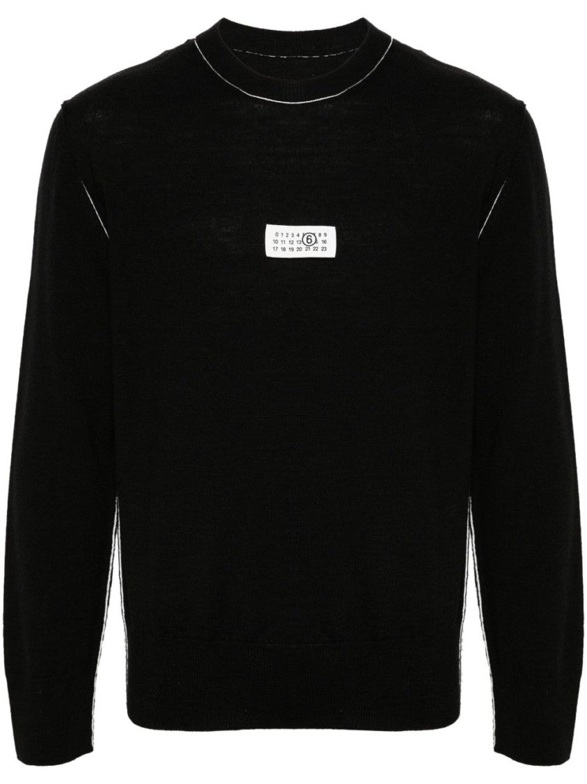 Mm6 By Maison Margiela Crew Neck Black Sweater With Contrasting Stitch Detail